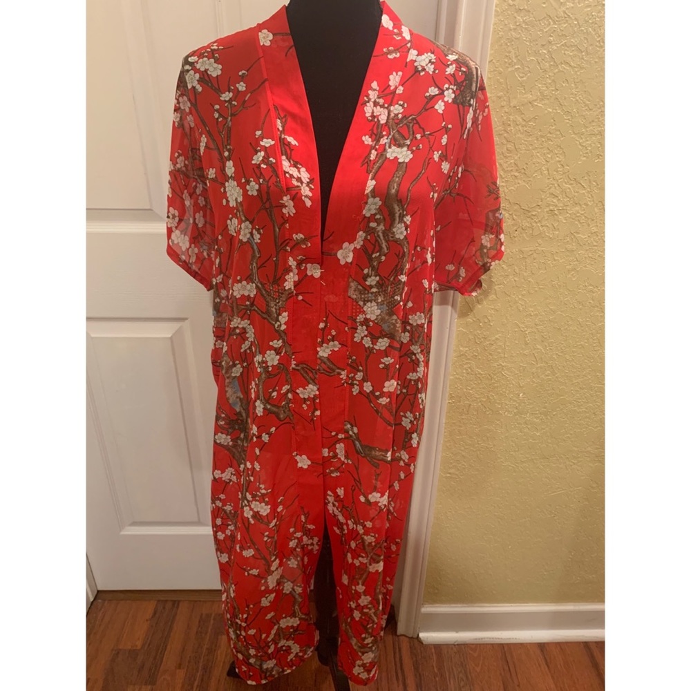 Red Cherry Blossom Garden Kimono Cardigan